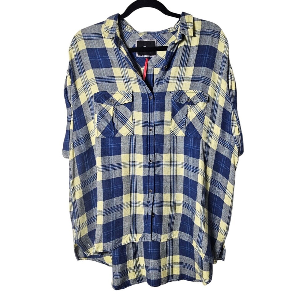 Rails Large Sleeveless Flannel Button Up Blue Ivory High Low Hem Relaxed Camp‎